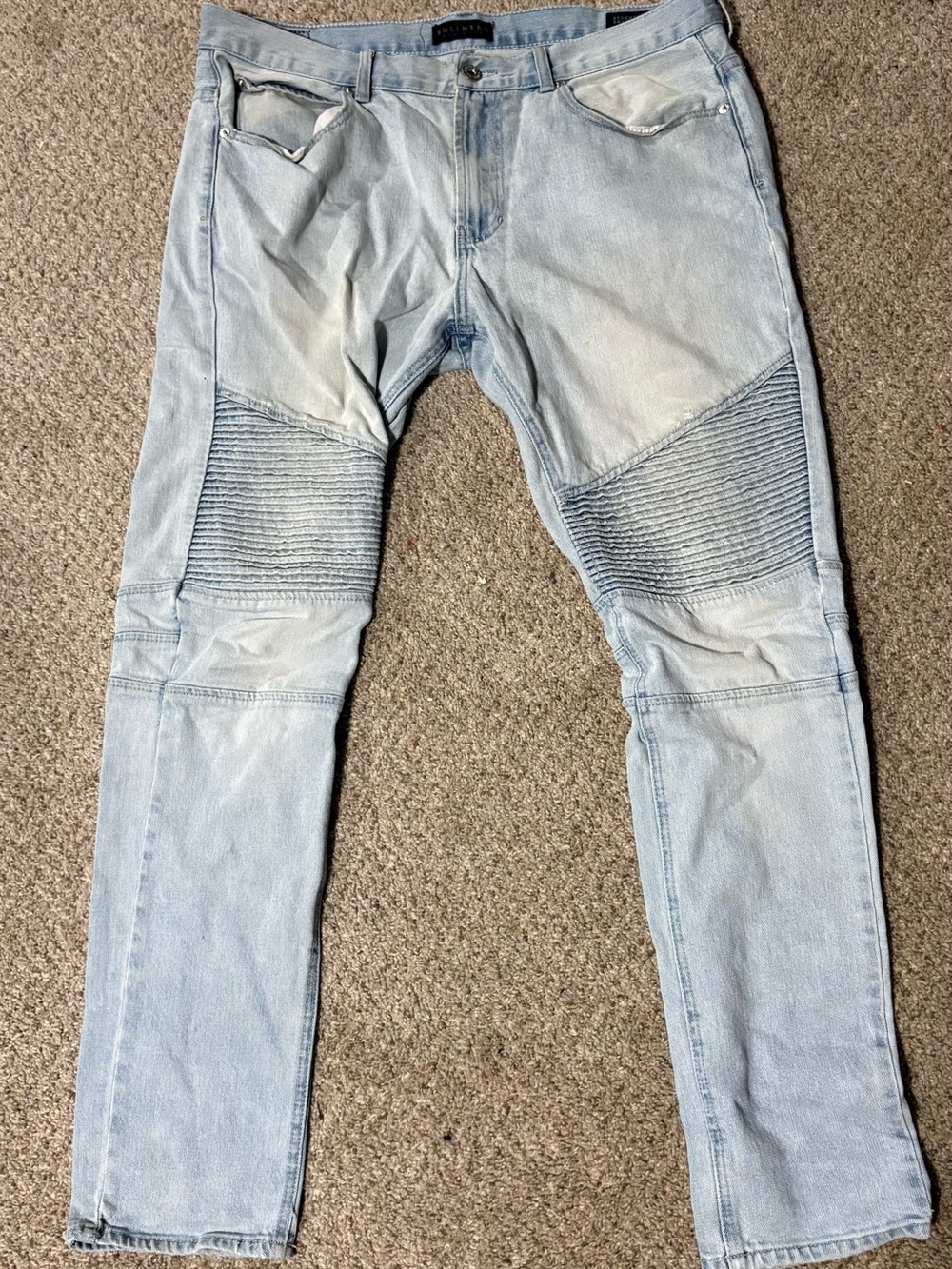 Light Blue Skinny Biker Jeans with Ribbed Knee Panels
